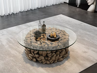 Round Glass Top Coffee Table With Natural Pebble Base And Modern Design 3d model
