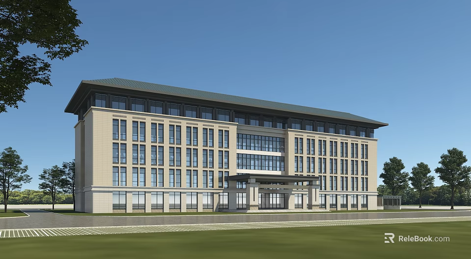 Contemporary Office Building With Light Beige Facade Large Glass Windows Dark Roof And Green Lawn 3d model 