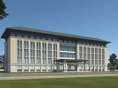 Contemporary Office Building With Light Beige Facade Large Glass Windows Dark Roof And Green Lawn 3d model