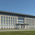Contemporary Office Building With Light Beige Facade Large Glass Windows Dark Roof And Green Lawn