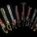 Various Designed Weapons With Different Colors Arranged On Black Background