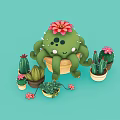 Cartoon Octopus Shaped Cactus With Red Flowers And Small Potted Plants On Light Blue Background