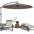 Comfortable Beige Lounge Chairs Under Black Arched Umbrella With Wooden Base Vase And Twigs