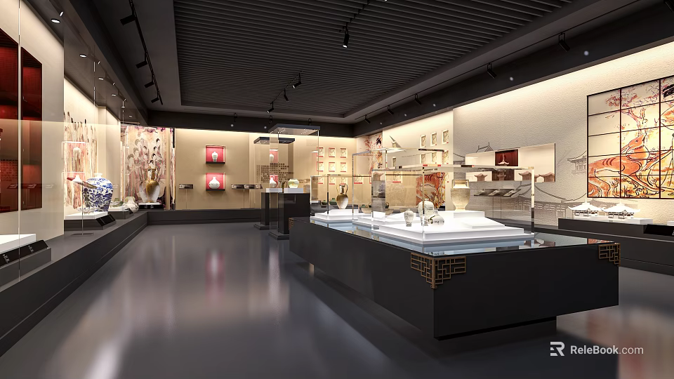 Modern Exhibition Hall Interior With Glass Display Cases And Illuminated Exhibits 3d model 