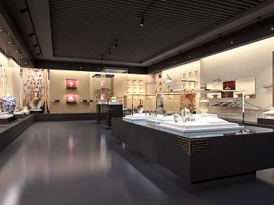 Modern Exhibition Hall Interior With Glass Display Cases And Illuminated Exhibits 3d model