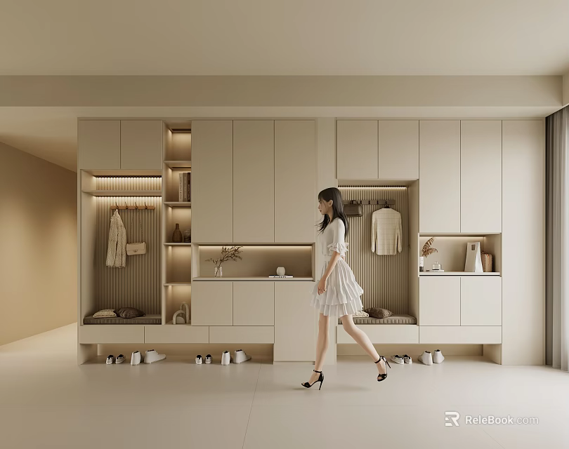 Modern Minimalist Shoe Cabinet Design With Beige Storage And Clothing Rack In Home Interior 3d model 