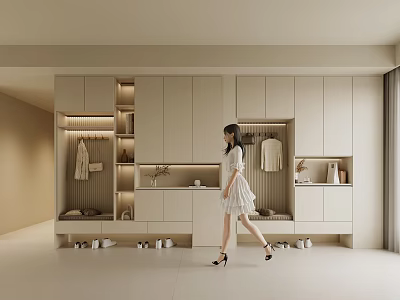 Modern Minimalist Shoe Cabinet Design With Beige Storage And Clothing Rack In Home Interior 3d model