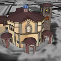 Ancient Building Featuring Blue Dome Bell Tower Arched Doors And Brick Walls 3d model
