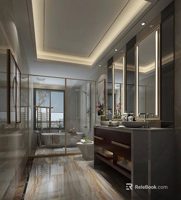 Elegant Modern Spacious Bathroom Interior With Double Sinks LED Mirrors Glass Shower And Freestanding Bathtub 3d model 