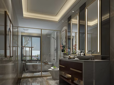 Elegant Modern Spacious Bathroom Interior With Double Sinks LED Mirrors Glass Shower And Freestanding Bathtub 3d model