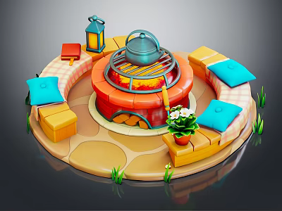Circular Outdoor Leisure Area With Red Grill Metal Pot Colorful Cushions And Lantern 3d model