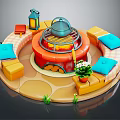 Circular Outdoor Leisure Area With Red Grill Metal Pot Colorful Cushions And Lantern