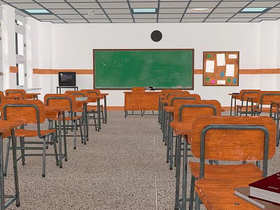 School Classroom With Neatly Arranged Wooden Desks Green Chalkboard And Bulletin Board 3d model