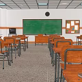 School Classroom With Neatly Arranged Wooden Desks Green Chalkboard And Bulletin Board