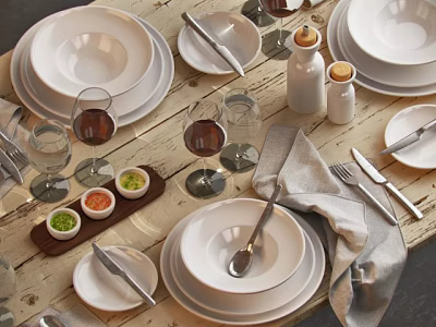 Stylish White Dinnerware Set with Plates Bowls Cutlery Wine Glasses Gray Napkin on Wooden Table 3d model