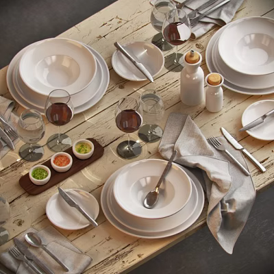 Stylish White Dinnerware Set with Plates Bowls Cutlery Wine Glasses Gray Napkin on Wooden Table 3d model