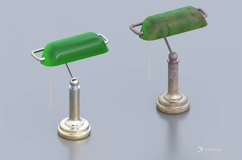 Two Vintage Table Lamps With Green Shades And Metal Bases Design 3d model 