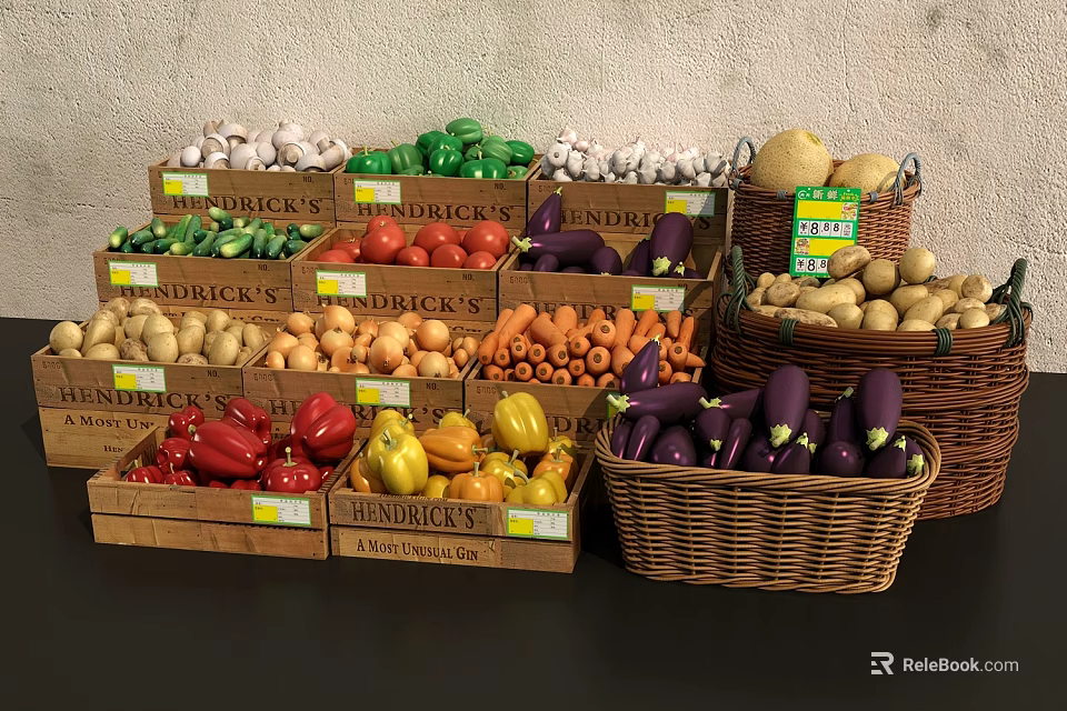 Fresh Assorted Vegetables Display in Wooden Crates and Baskets with BRICKS Labels 3d model 