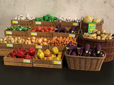 Fresh Assorted Vegetables Display in Wooden Crates and Baskets with BRICKS Labels 3d model