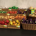 Fresh Assorted Vegetables Display in Wooden Crates and Baskets with BRICKS Labels