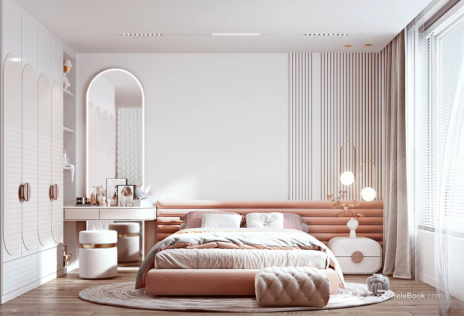 Modern Elegant Bedroom With Pink Padded Headboard White Pillows Striped Wall And Round Mirror 3d model 