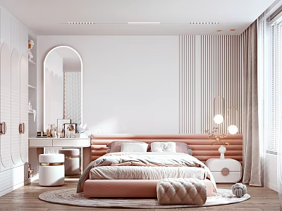 Modern Elegant Bedroom With Pink Padded Headboard White Pillows Striped Wall And Round Mirror 3d model