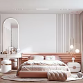 Modern Elegant Bedroom With Pink Padded Headboard White Pillows Striped Wall And Round Mirror