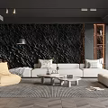 Modern Living Room Interior With Black Textured Wall Beige Sofa Yellow Armchair And Geometric Rug