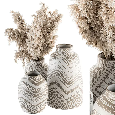 Decorative Gray And White Vases With Geometric Patterns Holding Dried Pampas Grass Arrangement 3d model