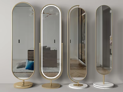 Stylish Floor Standing Mirrors With Metal Frames Gold White Bases And Interior Reflections 3d model
