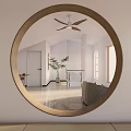 Modern Tea Room Interior With Round Mirror Wooden Table And Red Chair
