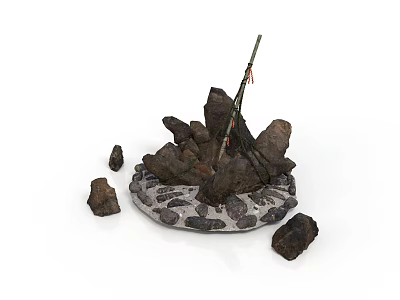 Wood And Stone Fire Pit Structure With Circular Base Irregular Blocks And Central Pole 3d model