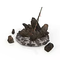 Wood And Stone Fire Pit Structure With Circular Base Irregular Blocks And Central Pole