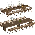 Long Wooden Dining Table Set With Matching Chairs And Decorative Plants
