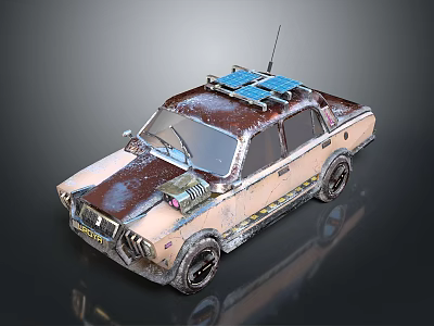 Rusty Beige Old Car With Solar Panels On Roof And Front Device 3d model