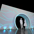 Futuristic Stage Design With Couple Silhouette Blue Lines And Reflective Floor