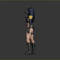 Female Combat Character In Bikini Blue Headscarf Holding Rifle With Black Boots And Armor