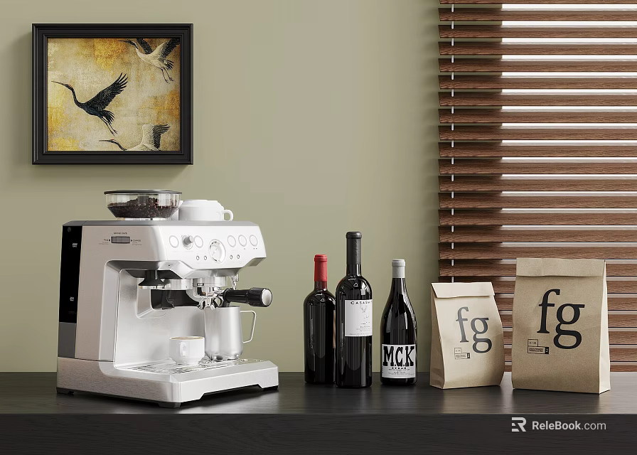 White Home Coffee Machine With Wine Bottles And Paper Bags Near Blinds 3d model 