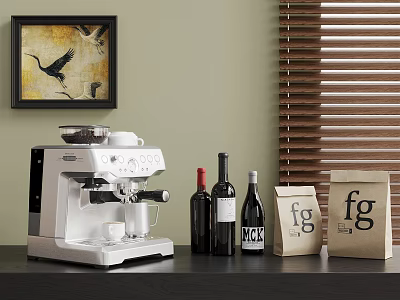 White Home Coffee Machine With Wine Bottles And Paper Bags Near Blinds 3d model