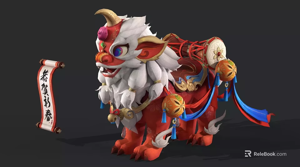 Cartoon Style Chinese Mythical Beast With White Red Mane Decorative Bells And Scroll 3d model 
