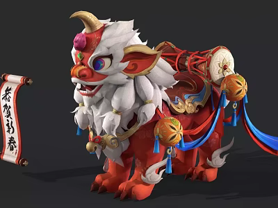 Cartoon Style Chinese Mythical Beast With White Red Mane Decorative Bells And Scroll 3d model