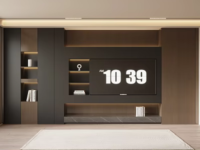 Elegant Modern TV Wall Interior With Wooden Panels LED Strip Lights And Open Shelves 3d model