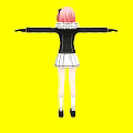 Woman with pink hair wearing black top white pleated skirt against yellow background arms outstretched