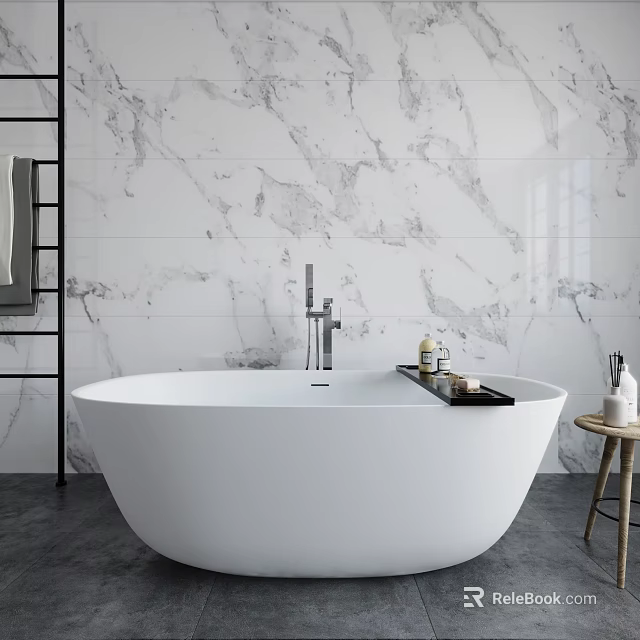 White Freestanding Bathtub In Modern Bathroom With Marble Wall Wooden Stool And Toiletries 3d model 