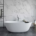 White Freestanding Bathtub In Modern Bathroom With Marble Wall Wooden Stool And Toiletries