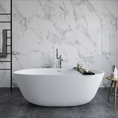 White Freestanding Bathtub In Modern Bathroom With Marble Wall Wooden Stool And Toiletries 3d model