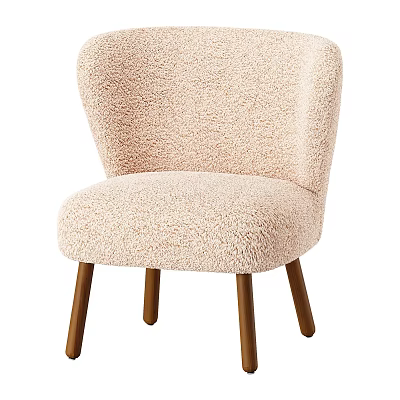 Comfortable Beige Plush Kids Chair With Curved Backrest And Brown Wooden Legs 3d model