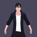 A Man Wearing Black Long Coat White T-shirt Dark Pants and Sneakers Against Gray Background