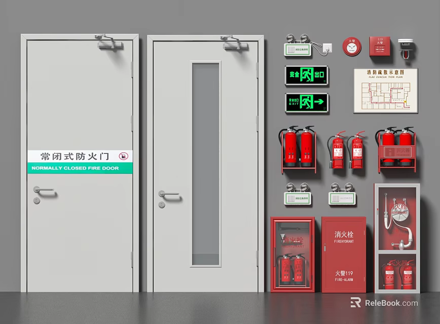 Essential Fire Safety Equipment Including Fire Doors Extinguishers And Emergency Lights 3d model 