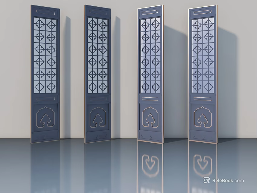 Four Dark Hinged Doors With Geometric Pattern Glass And Decorative Frames Interior View 3d model